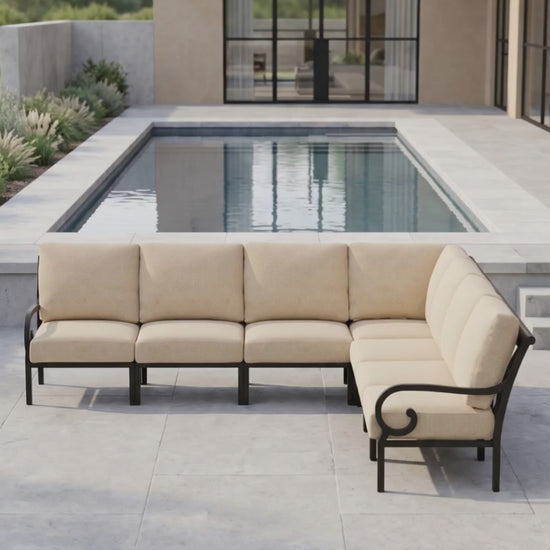 Rancho 7-seat L-shaped outdoor sectional sofa with custom Bliss cushions by Paddy O' Furniture