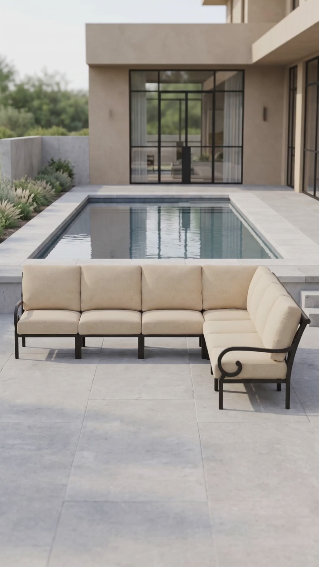 Rancho 7-seat L-shaped outdoor sectional sofa with custom Bliss cushions by Paddy O' Furniture