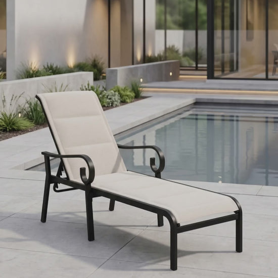 Paddy O' Furniture Rancho padded sling chaise lounge with a sleek frame and high-performance bliss fabric.