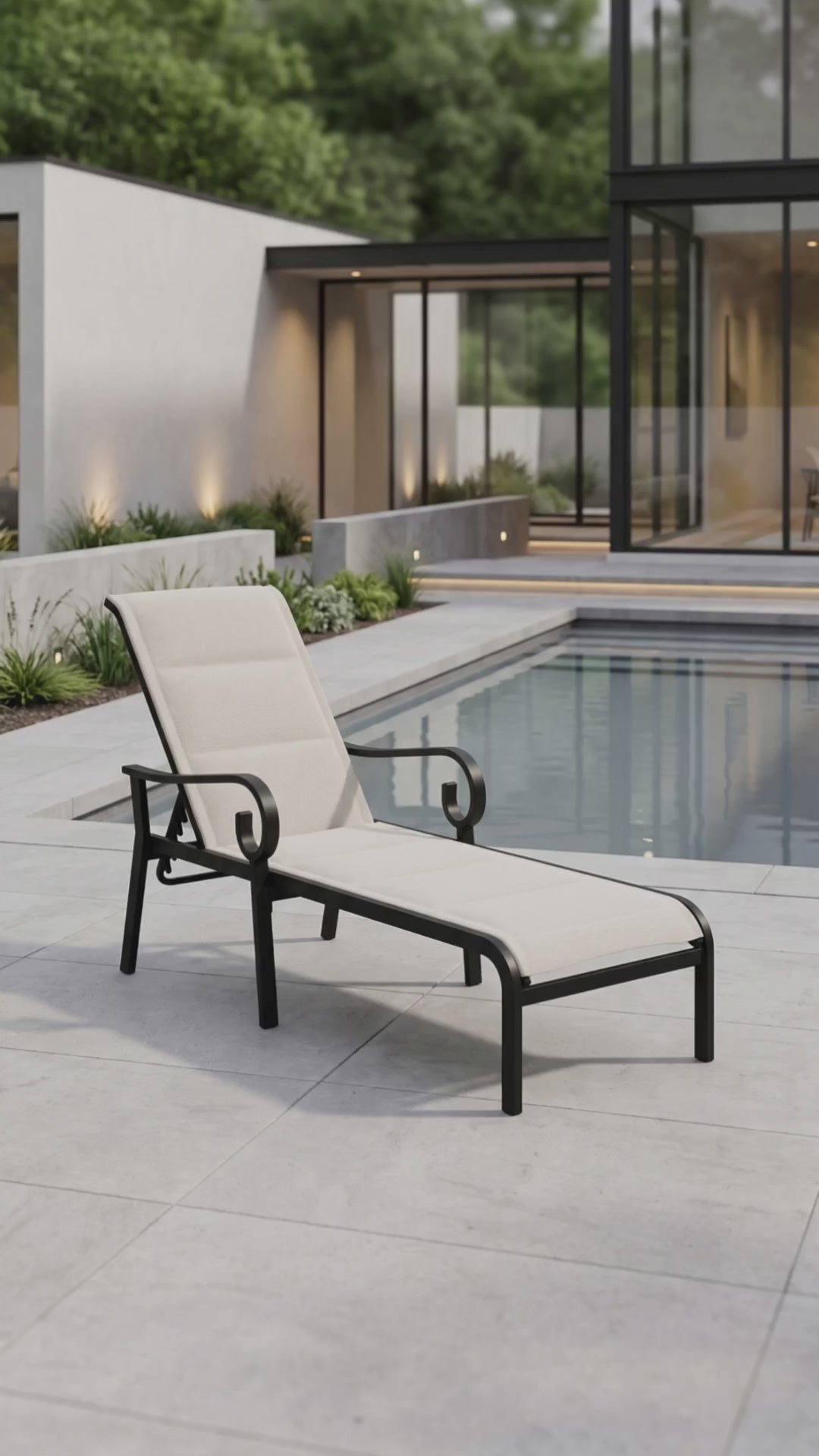 Paddy O' Furniture Rancho padded sling chaise lounge with a sleek frame and high-performance bliss fabric.