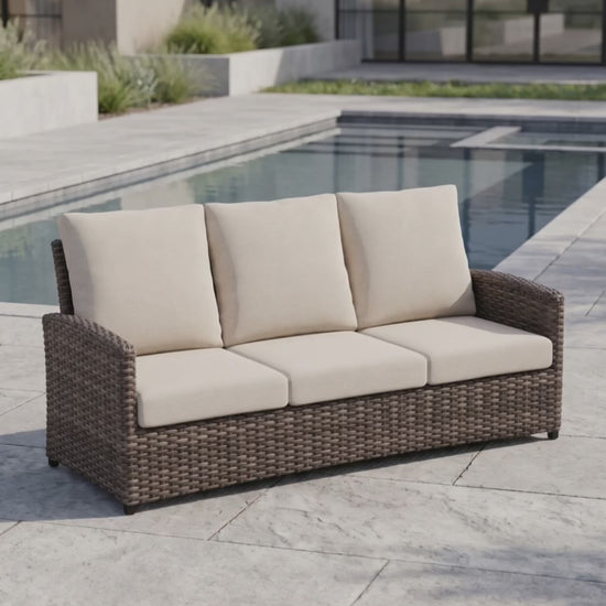 Paddy O' Furniture Malibu outdoor sofa with plush Bliss cushions.