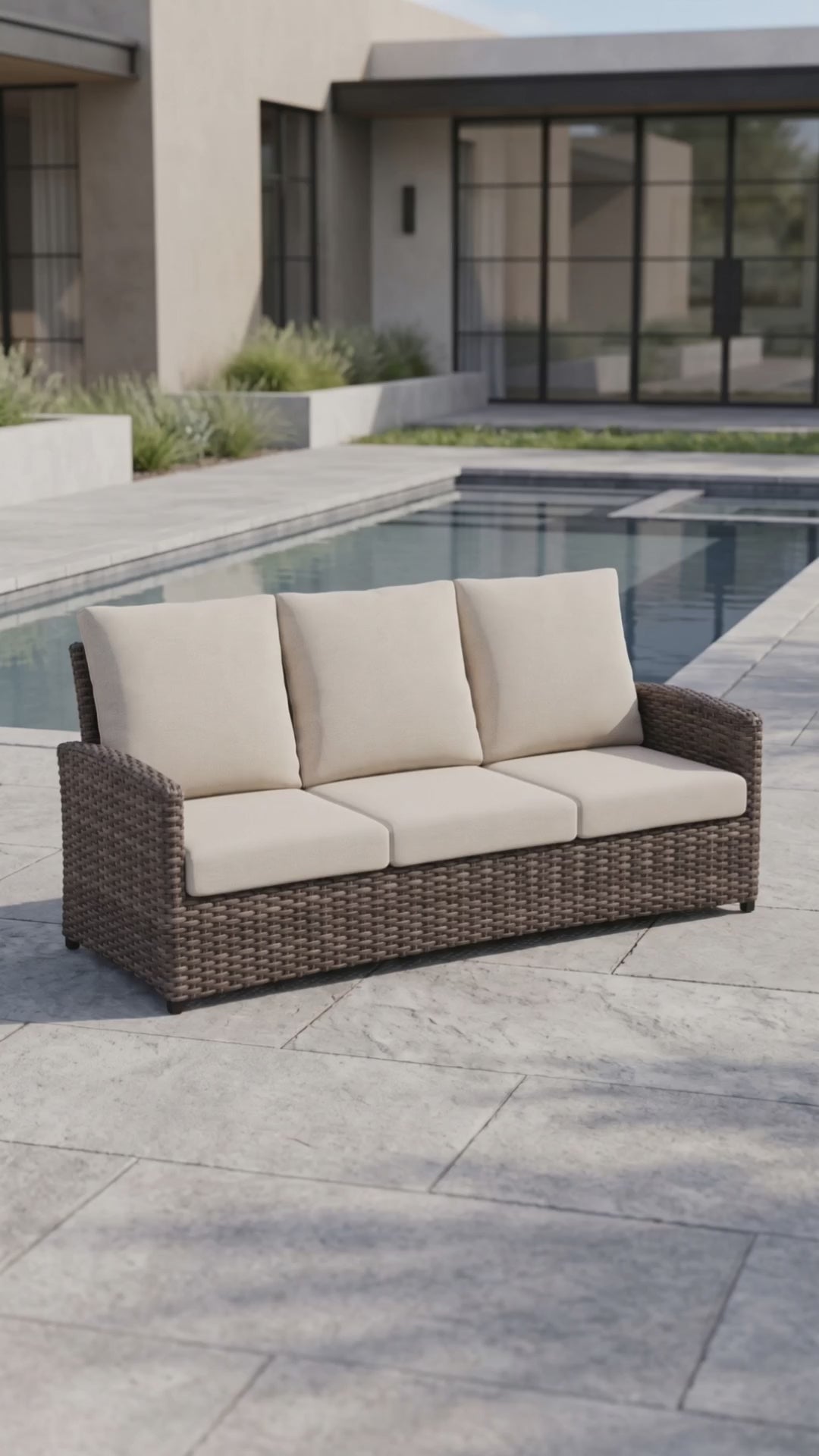 Paddy O' Furniture Malibu outdoor sofa with plush Bliss cushions.