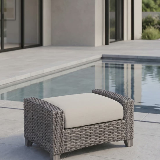 Paddy O' Furniture Edge Hill Ottoman with Bliss cushions in an outdoor setting.
