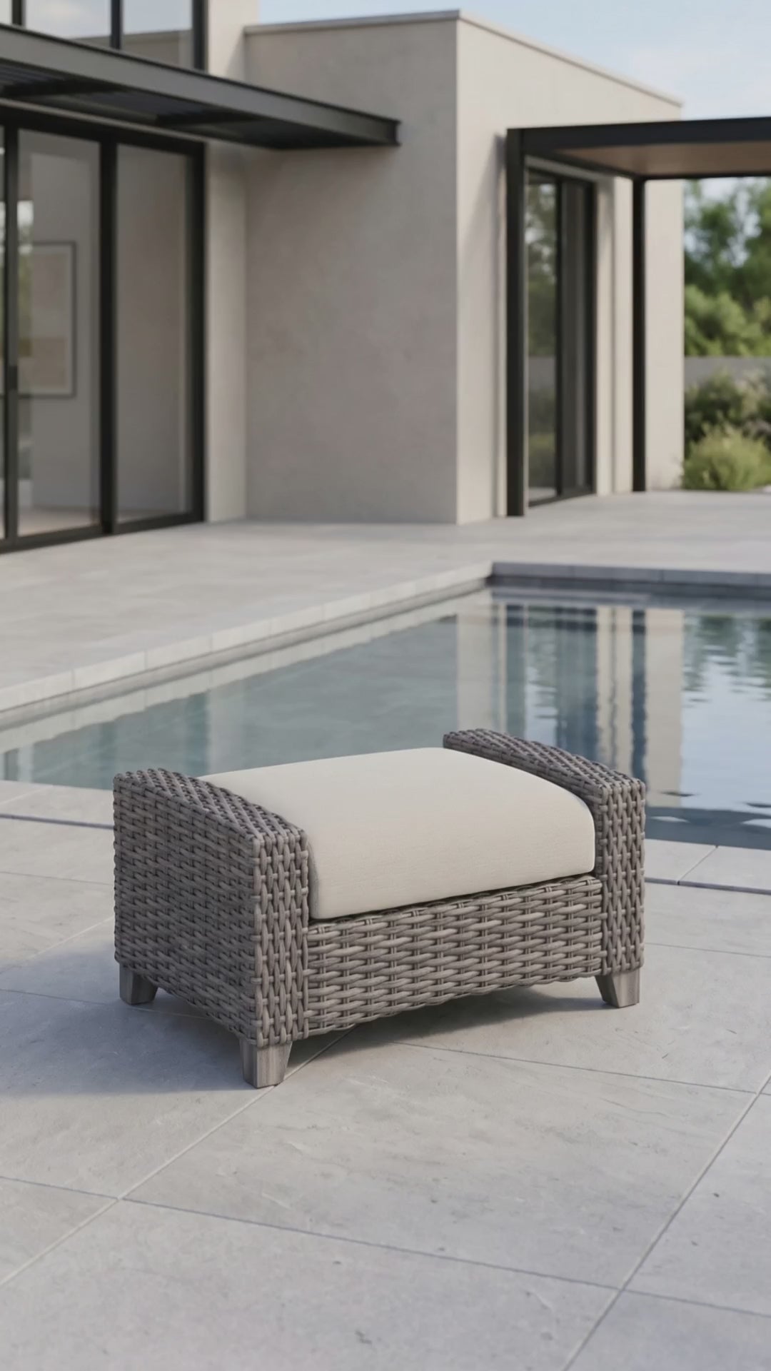 Paddy O' Furniture Edge Hill Ottoman with Bliss cushions in an outdoor setting.