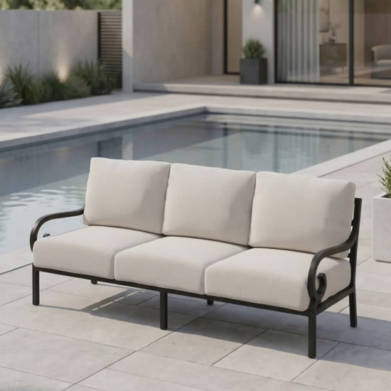 Elegant Rancho outdoor sofa with Bliss cushions by Paddy O' Furniture.