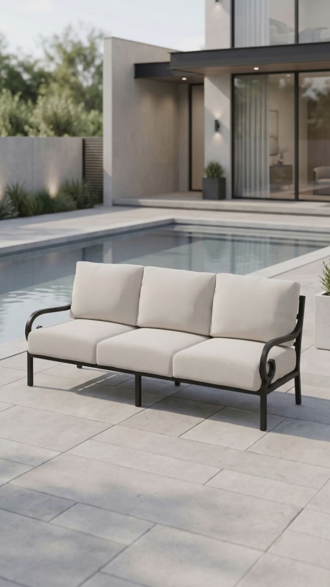 Elegant Rancho outdoor sofa with Bliss cushions by Paddy O' Furniture.