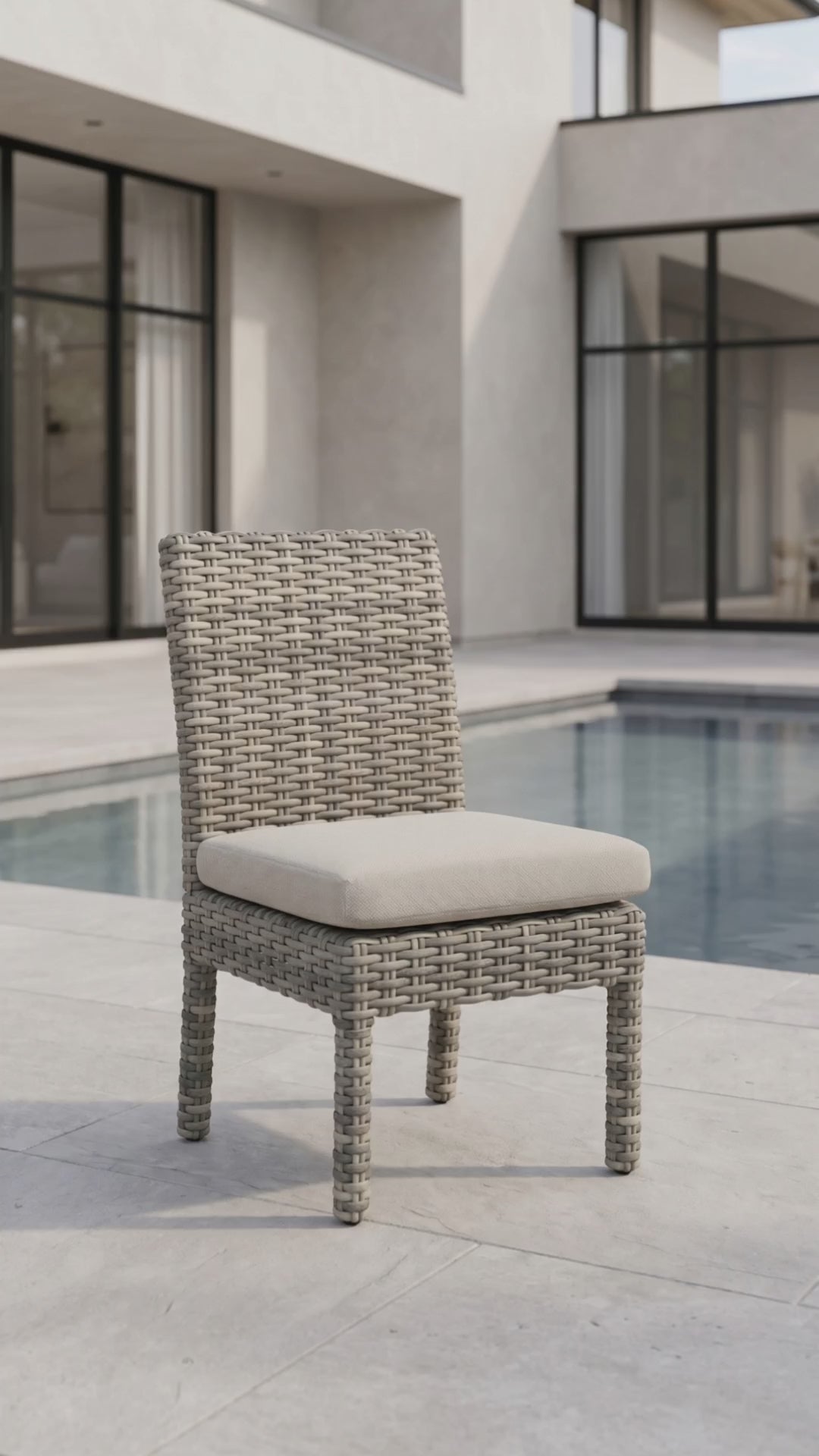 Loire Valley outdoor dining side chair with all-weather wicker frame and beige weather-resistant seat cushion