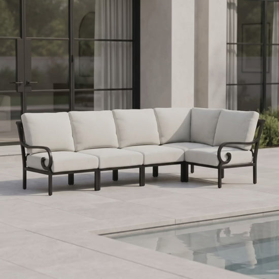 Paddy O' Furniture Rancho 5-seat L-shaped outdoor sectional with Bliss cushions in an open-air living room.
