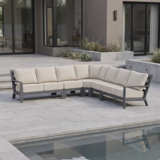 Paddy O' Furniture Peninsula 8-seat outdoor sectional with Bliss cushions.