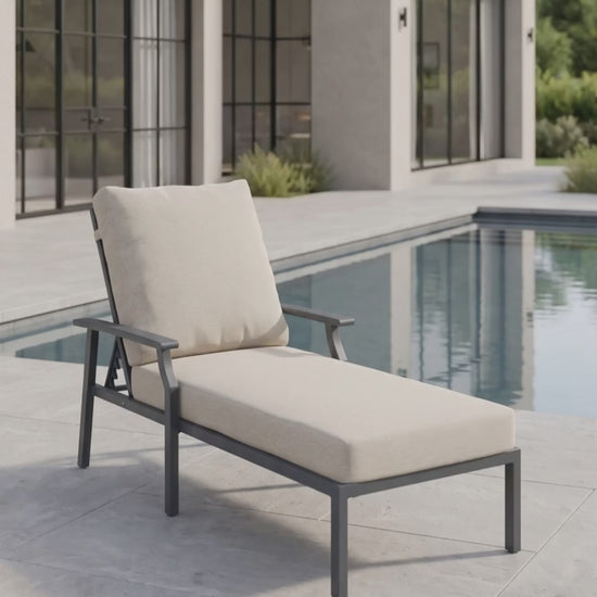 Paddy O' Furniture Rockport Chaise Lounge with luxury Bliss cushions by an outdoor pool