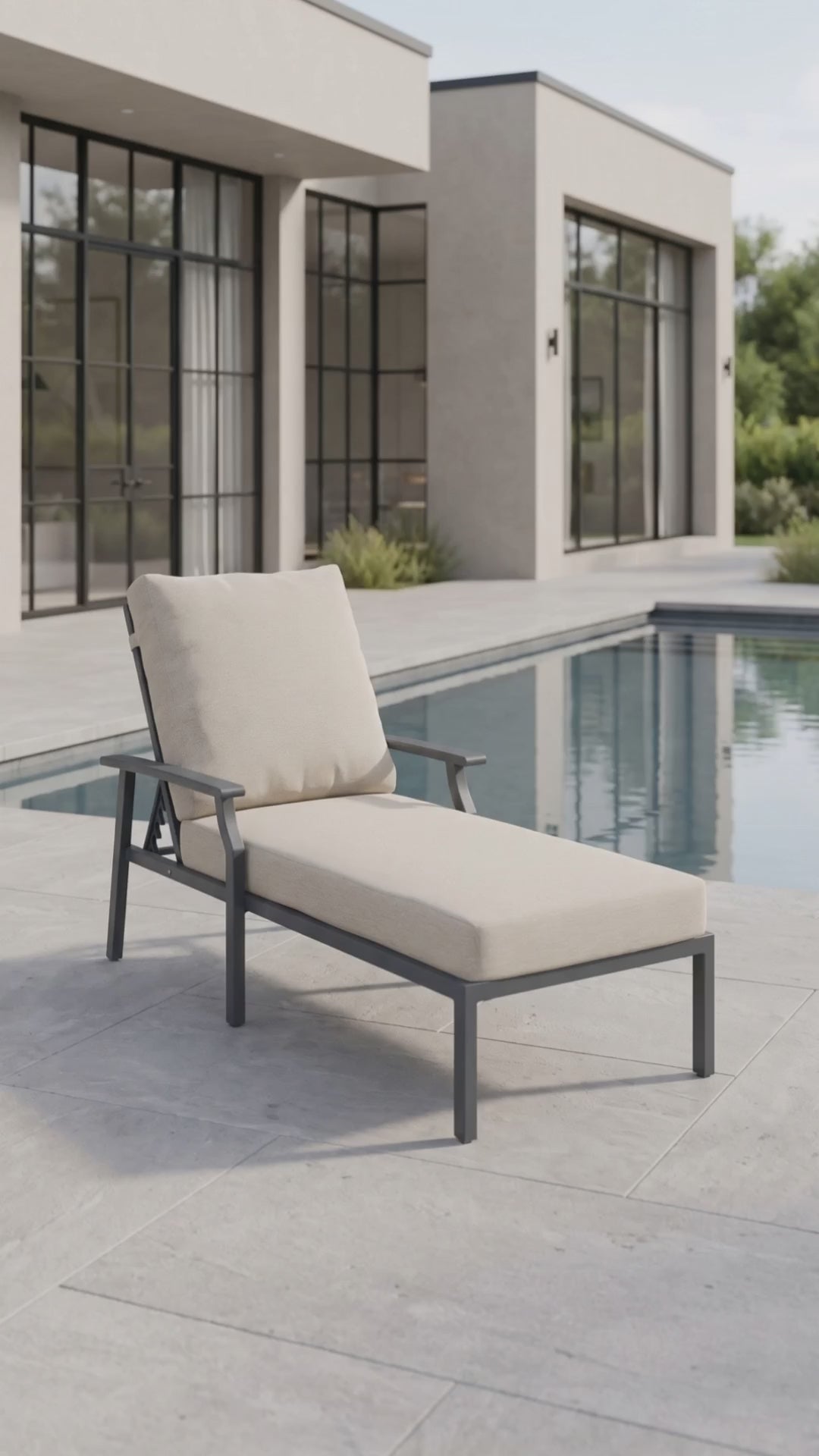 Paddy O' Furniture Rockport Chaise Lounge with luxury Bliss cushions by an outdoor pool