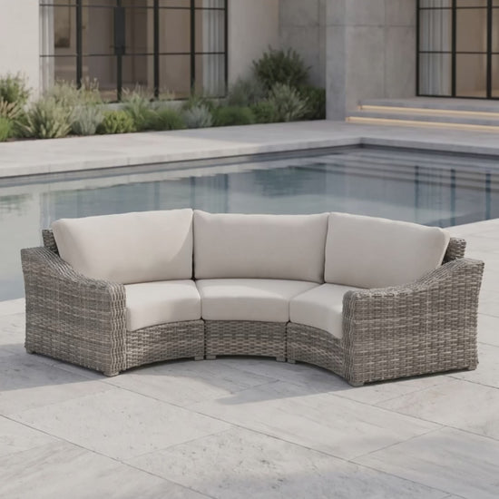 Paddy O' Furniture Loire Valley 3-seat curved sectional outdoor sofa with Bliss cushions.