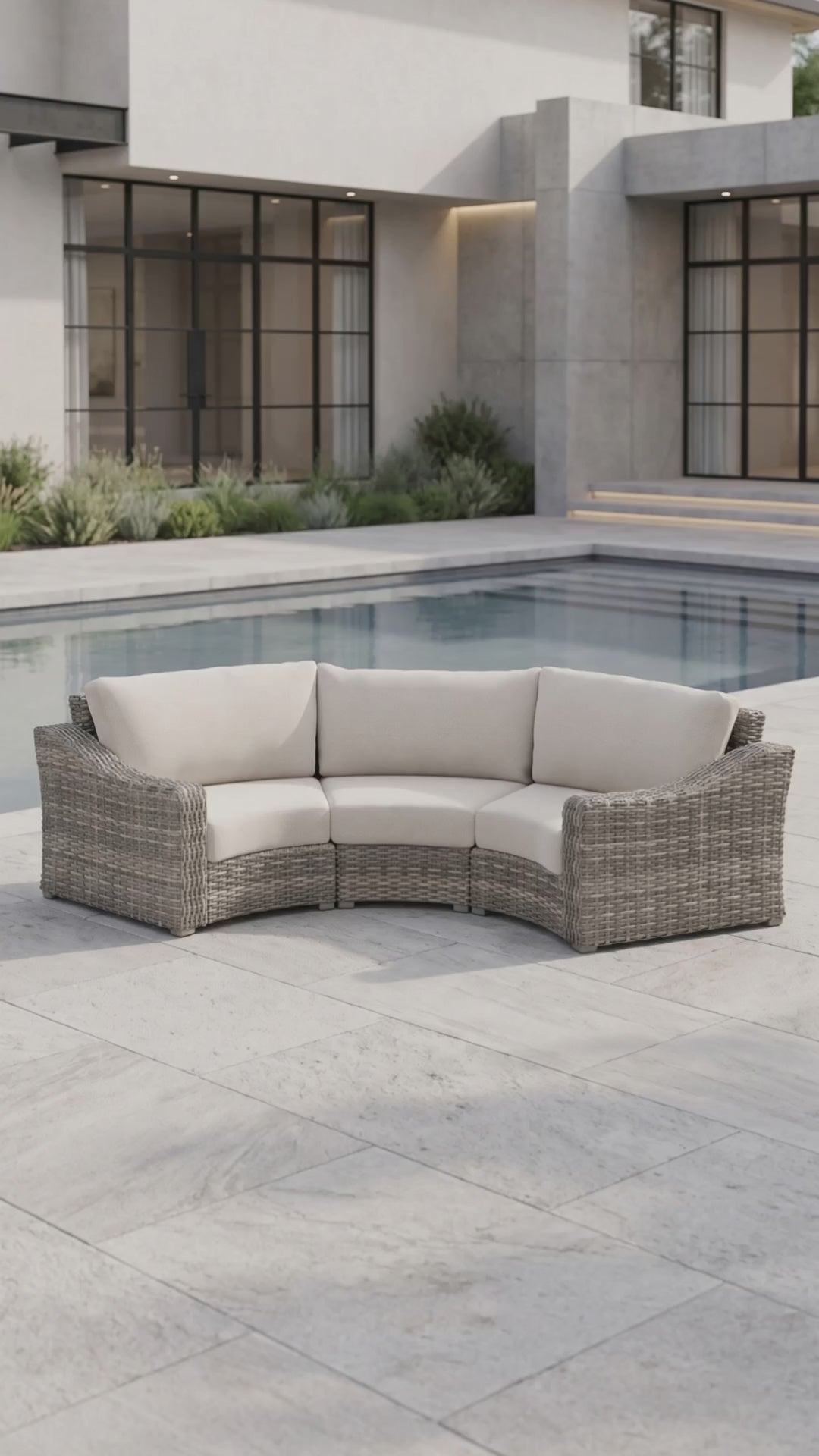Paddy O' Furniture Loire Valley 3-seat curved sectional outdoor sofa with Bliss cushions.
