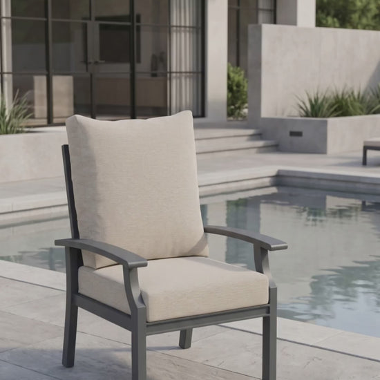 Rockport outdoor dining chair with gray aluminum frame and beige weather-resistant cushions