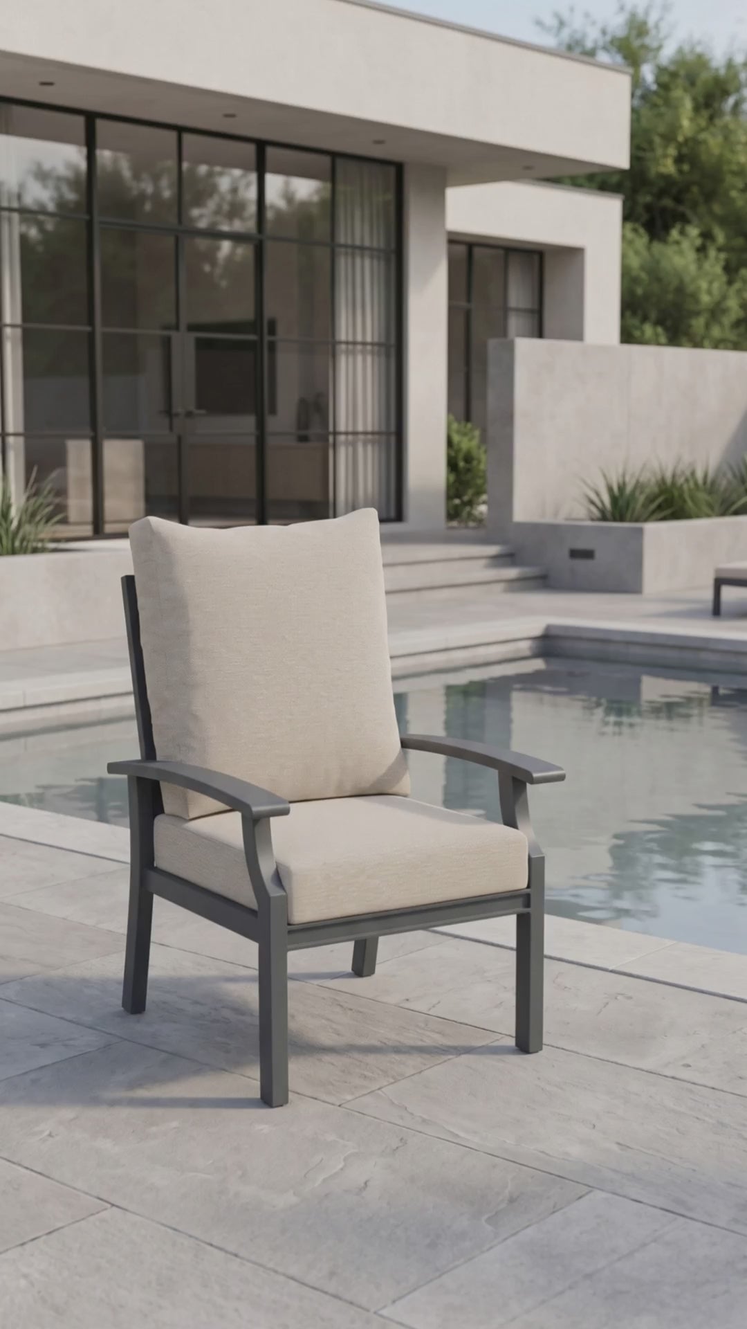 Rockport outdoor dining chair with gray aluminum frame and beige weather-resistant cushions